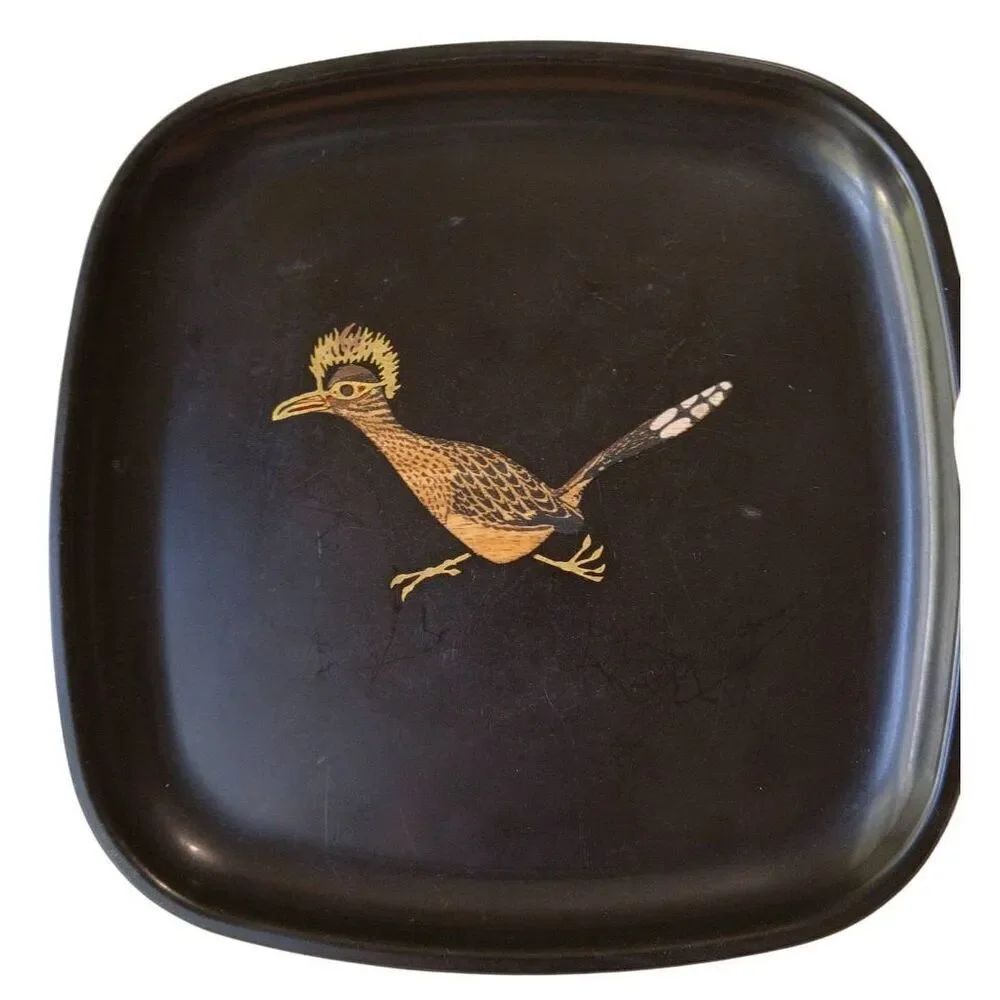 COUROC tray Monterey CA Mid Century ROADRUNNER Inlaid Black Lacquer w/label 8 3